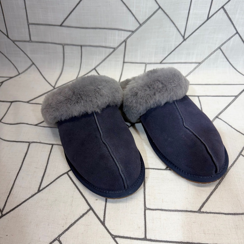 UGG Scuffette II Slippers Size 9 Navy Blue Grey Sheepskin Suede Mules 1106872